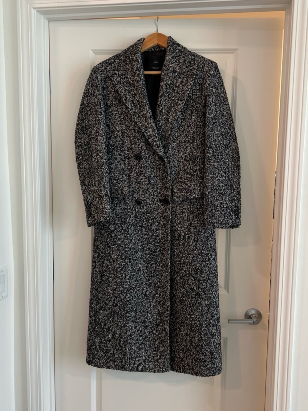 Mango Black & White Textured Double-Breasted Pea Coat